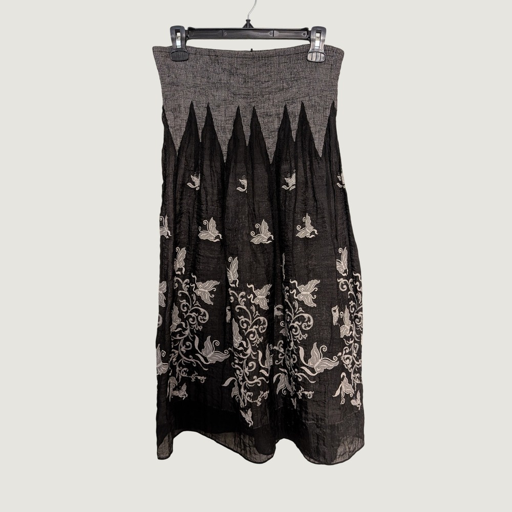 Lapis Boho Butterfly Floral Convertible Midi Skirt/Tube Dress Smocked Black